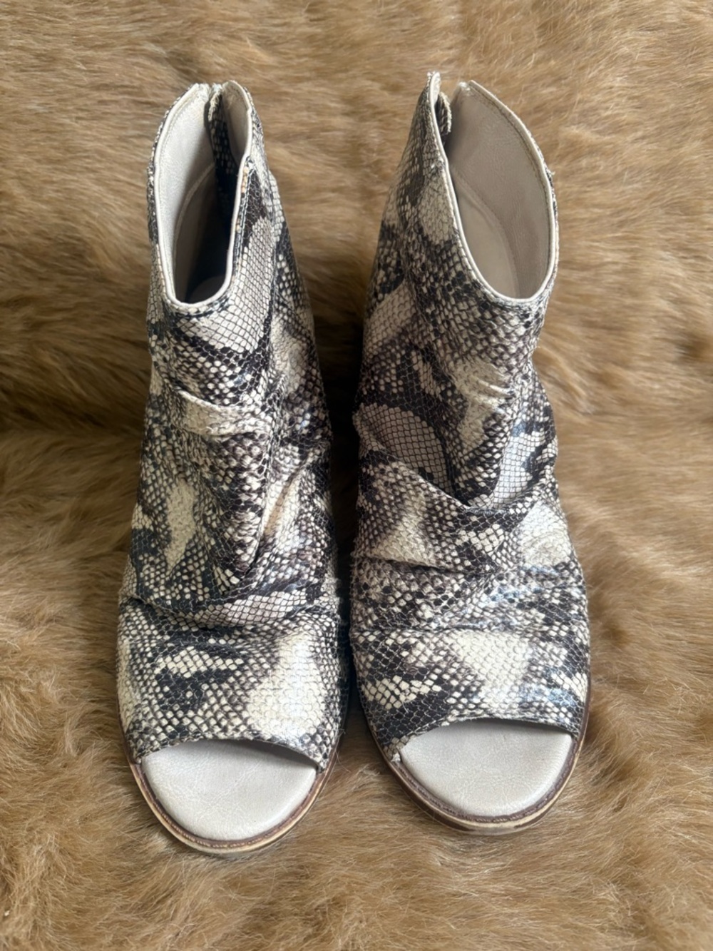 Zigi Soho Black and Cream Snake-Print Peep-Toe Booties